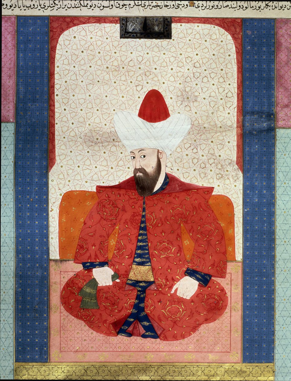Imperium Osmańskie: „” Portret sułtana Imperium Osmańskiego Orhan (Orkhan lub Urchan) I (1281-1360)”” Miniatura z „”Zubdat al Tawarikh”” (Ms. 1973, fol. 59b) Seyyyd Lokman Ashuri 1583 Stambuł, Muzeum Sztuki Turecko-Islamskiej autorstwa Ottoman School