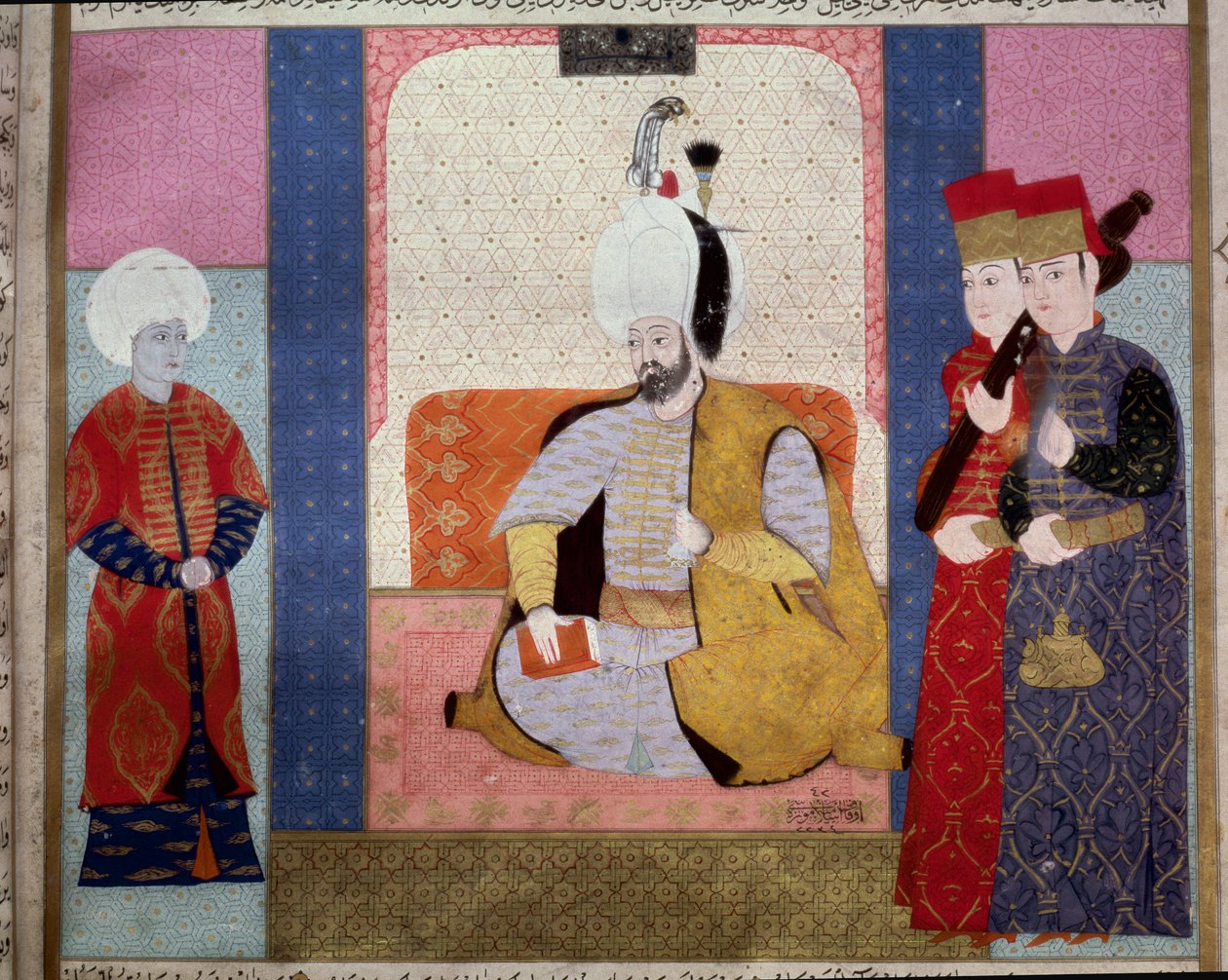 Imperium Osmańskie: „”Sułtan Murad III (1546-1595) otacza dworzan”””Miniatura z „Zubdat al Tawarikh”” (Ms. 1973, fol. 59b) Seyyda Lokmana Ashuriego 1583 Stambuł, Muzeum Sztuki Turecko-Islamskiej autorstwa Ottoman School