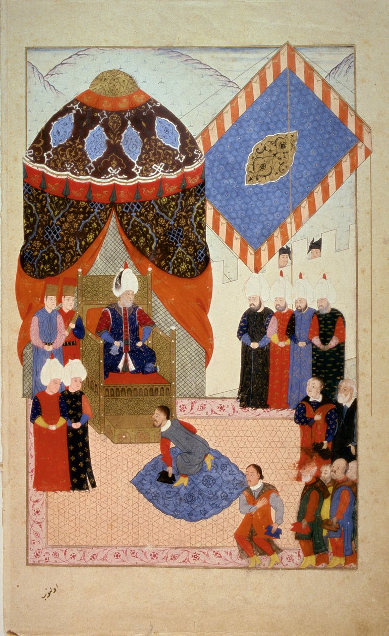 Imperium Osmańskie: Sułtan Soliman (Suleyman) Powiedziałem, że Wspaniały (1520-1566) otacza kurtyzany”” Miniatura zaczerpnięta z „”Nuzhet el-Esrar el-Ahbar der Sefer-i Sigetvar”” (Nuzhet el Estrar el Ahbar der Sefer i Sigetvar ) (Kroniki kampanii Szi autorstwa Ottoman School