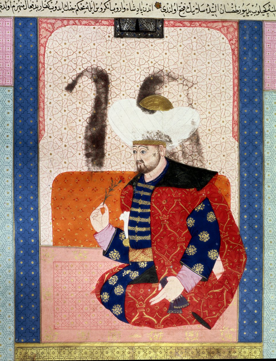 Imperium Osmańskie: portret Bajazyda I (Bajazet I) (ok. 1354-1403) znany jako Yildirim (Błyskawica)”” Miniatura z rękopisu (Ms. 1973, folio 62a) „” Zubdatat-al-Tawarikh” (Zubdat al-Tawarikh) ) (Creme of Stories) historyka Seyyida Loqmana Ashuriego 1538. autorstwa Ottoman School