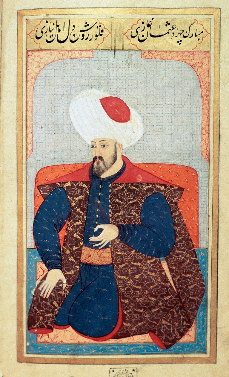 Imperium Osmańskie: portret pierwszego sułtana Osmana I (1258-1326) Miniatura z rękopisu „” Fizjonomia ludzka (O osobistych aranżacjach Osmanów) autorstwa Seyyida Lokmana Husseina. (Pani ty6087 folio 21b) autorstwa Ottoman School