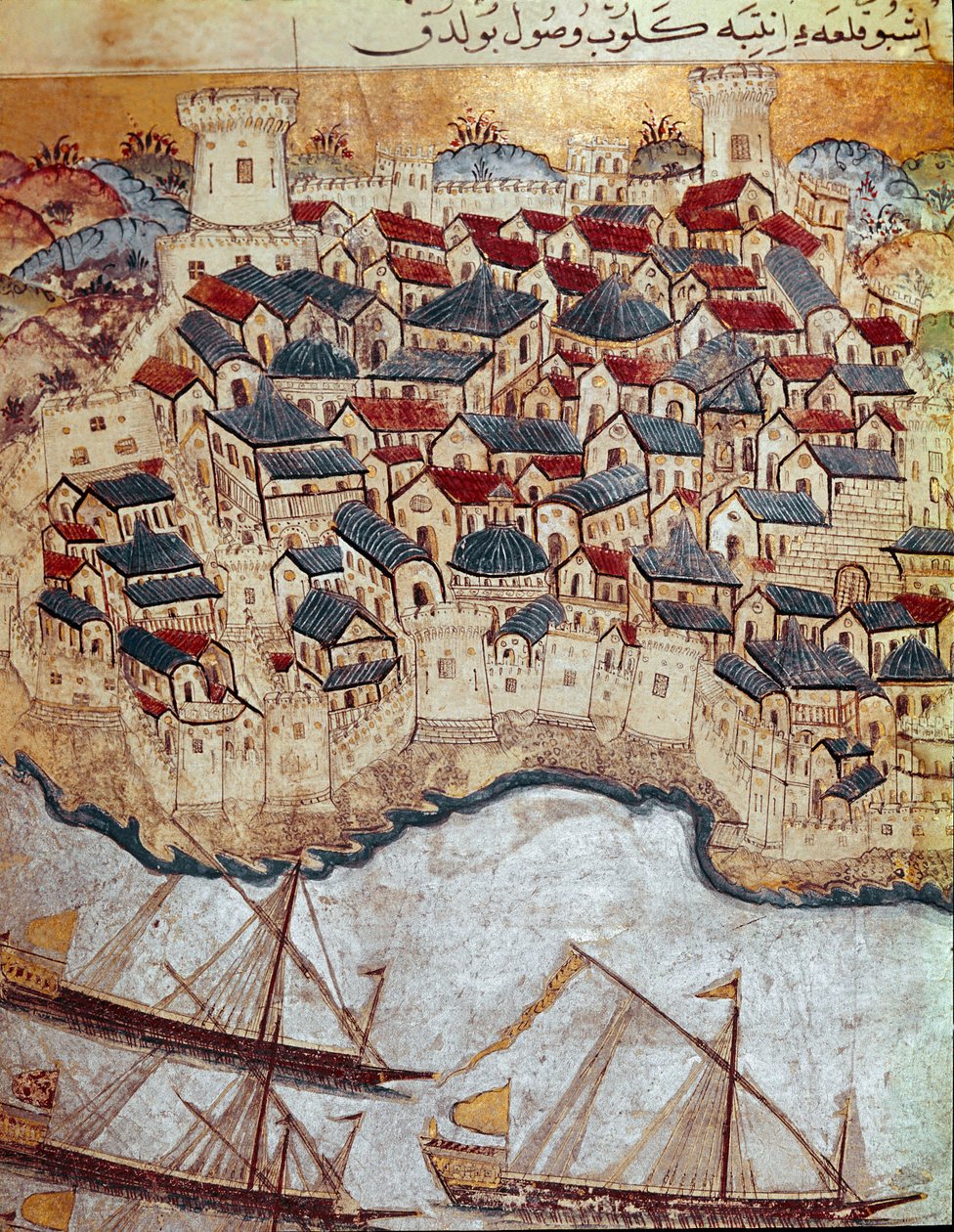 Imperium Osmańskie: przedstawienie warownego miasta nad brzegiem Dunaju podbitego przez Solimana (Sulejmana) Wspaniały (1520-1566) powiedziałem podczas jego marszu na Budapeszt i Wiedeń (1526-1529). Miniatura z XVI wieku. Topkapi Sarayi Stambuł autorstwa Ottoman School