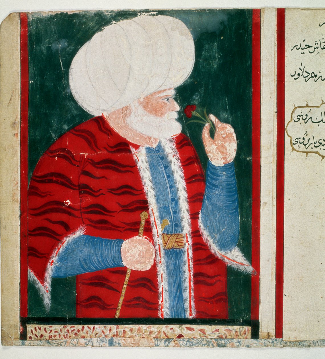 Portret Barberose (Khizir Khayr ad-din (Barbaros Hozor Hayreddin Pasha lub Pasa lub Chair ad Din, Chaireddin lub Cheireddin) (1466-1546) Wielki Admirał Imperium Osmańskiego po karierze pirata Miniatura z rękopisu Pani H. 2134 autorstwa Ottoman School
