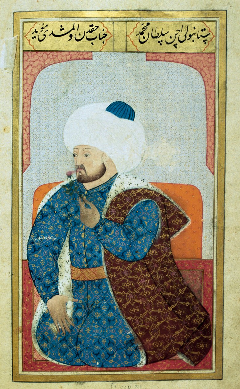 Portret sułtana Imperium Osmańskiego Meheta II (Mehmeta II Zdobywcy lub Mehmeda II Fatiha) (1430-1481) Miniatura z rękopisu „” Fizjonomia człowieka (O osobistych skłonnościach Osmanów) autorstwa Seyyida Lokmana Husseina. (Pani ty6087 folio autorstwa Ottoman School