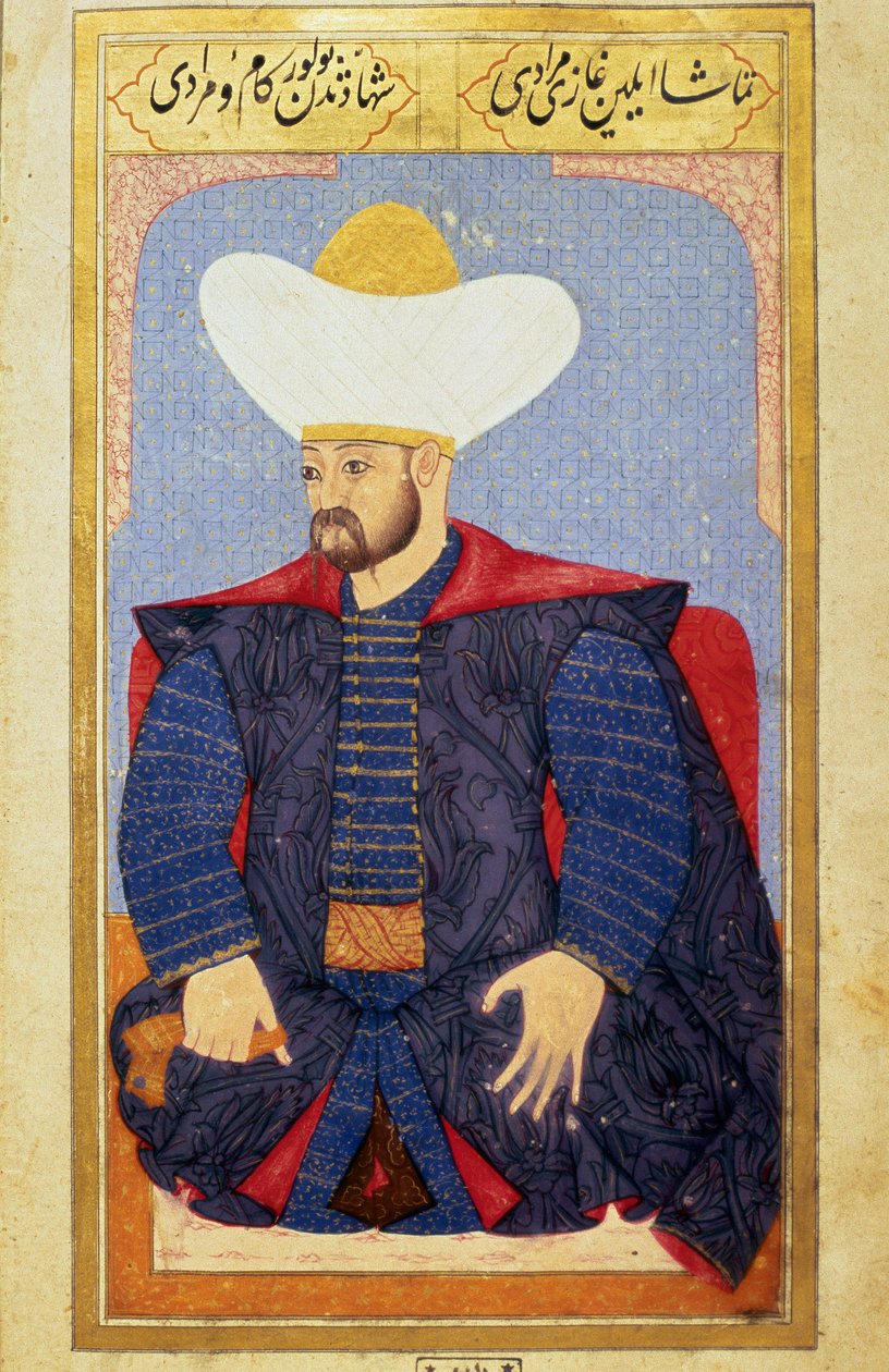 Portret sułtana Imperium Osmańskiego Murada I (1326-1389) Miniatura z rękopisu „” Fizjonomia ludzka (O osobistych aranżacjach Osmanów) autorstwa Seyyida Lokmana Husseina. (Pani ty6087 folio 27b) autorstwa Ottoman School