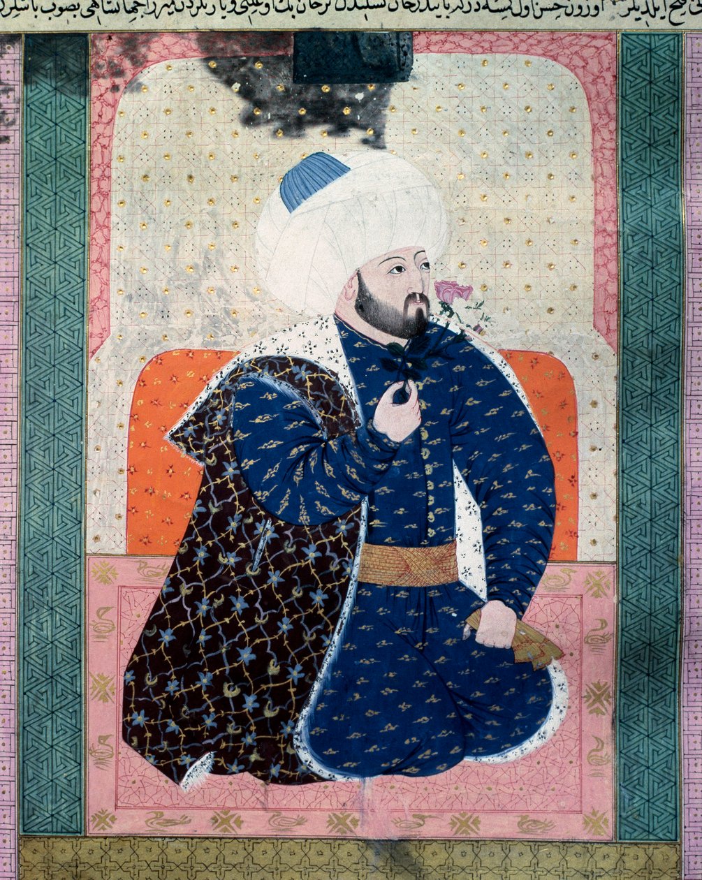 Portret sułtana Imperium Osmańskiego Meheta II (Mehmeta II Zdobywcy lub Mehmeda II Fatiha) (1430-1481) Miniatura z rękopisu (Ms. 1973, folio 62a) „Zubdatat-al Tawarikh” (Zubdat al-Tawarikh) ( Creme of Stories) historyka Seyyida Loqmana As autorstwa Ottoman School