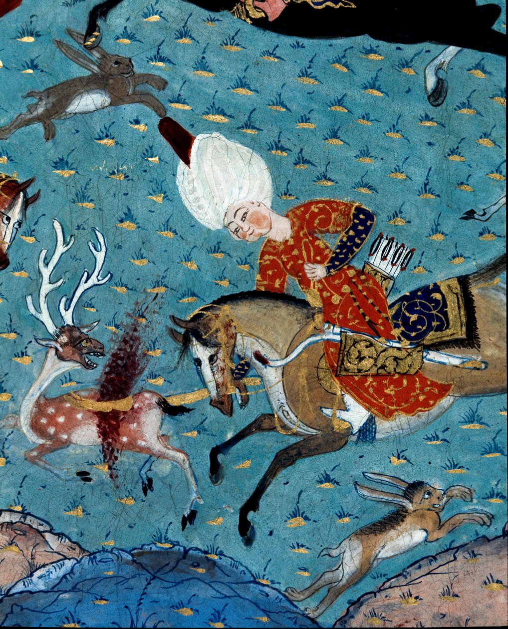 Reprezentacja dworzan sułtana Murada II (Murata) (1404-1451) polujących na jelenie i zające Detal. Miniatura z XVII wieku. Stambuł, Biblioteka Muzeum Topkapi Sarayi autorstwa Ottoman School
