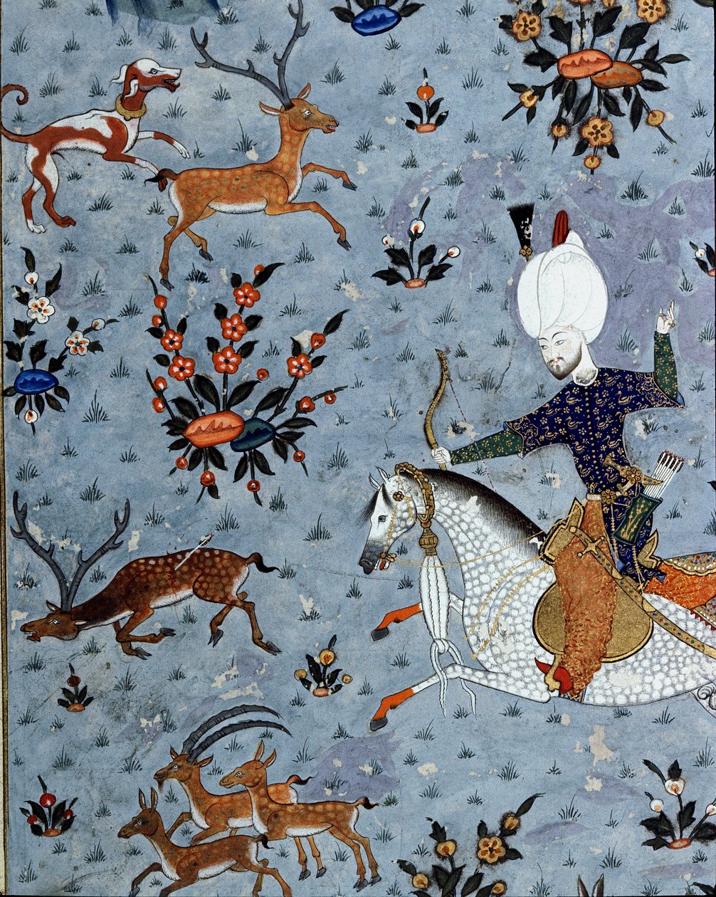 Reprezentacja dworzan sułtana Murada II (Murata) (1404-1451) polującego na jelenie Detal. Miniatura z XVII wieku. Stambuł, Biblioteka Muzeum Topkapi Sarayi autorstwa Ottoman School