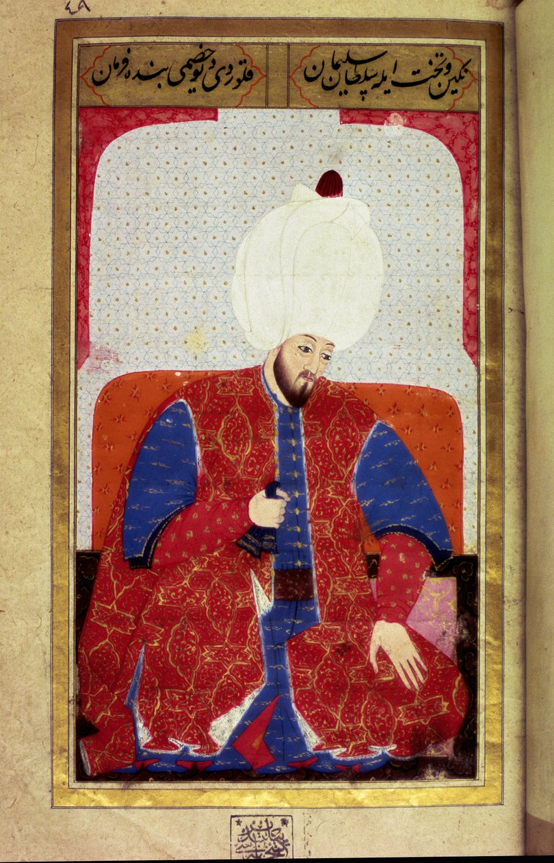 Soliman (Suleyman) I Wspaniały (1494-1566), Sułtan Osmański Miniatura z rękopisu „” Fizjonomia ludzka (O osobistych aranżacjach Osmanów) Seyyida Lokmana Husseina. (Pani ty6087 folio 27b) autorstwa Ottoman School