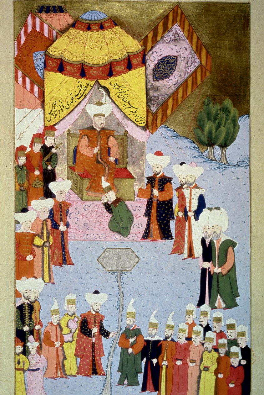Sułtan Bayezid (lub Bajazet) I (1360-ok. 1402) ma swój Dwór Miniaturowy z „Hunername” Lokmana, t. 1 (H 1523, f.7) 1584 Biblioteka Muzeum Topkapi Sarayi Stambuł autorstwa Ottoman School
