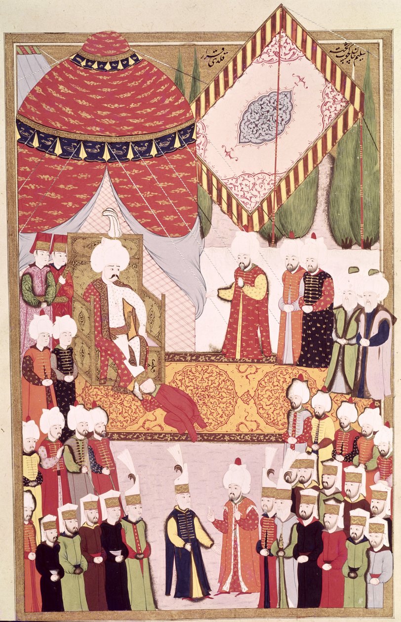 Koronacja sułtana Selima I (1466-1520) z „Hunername” Lokmana (gwasz na papierze) autorstwa Ottoman School