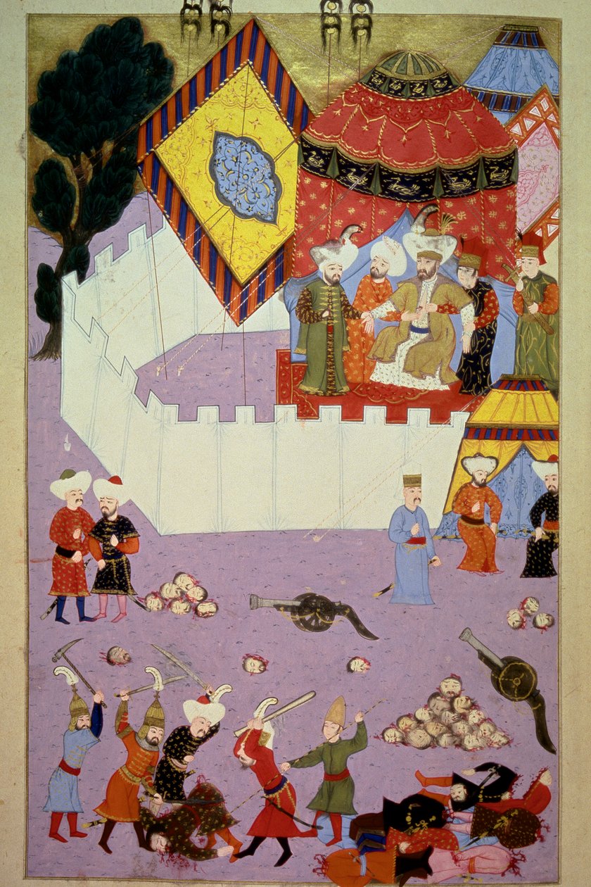 Zabójstwo sułtana Murada I (1326-1389) przez serbskiego rycerza Milosa Obilica (Kobilicia lub Kobilovicia) (zm. 1389) w bitwie o Kosowo po zwycięstwie Turków nad serbską miniaturą z Lokmana „Hunername”, tom. 1 (H 1523, f.7) 1584 Do autorstwa Ottoman School