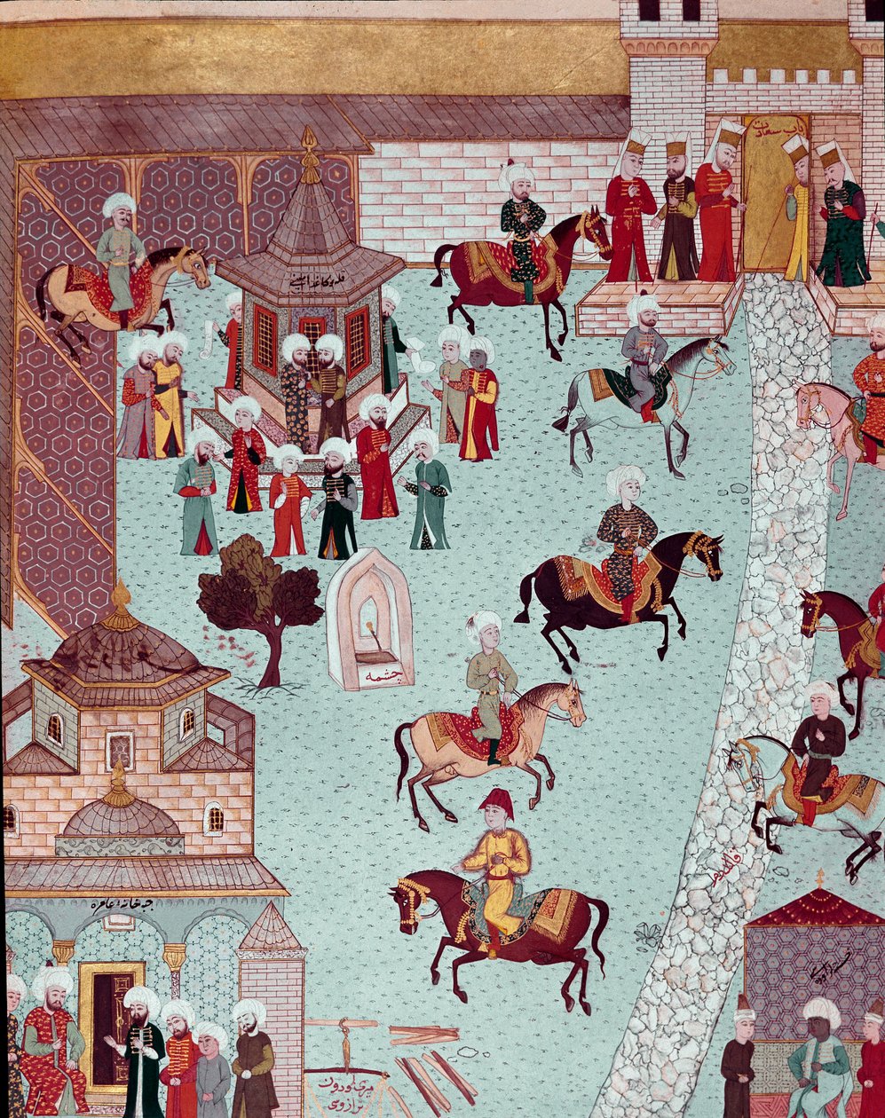 Widok na kościół św. Ireny (św. Ireny), bramę Serail i pałac sułtanów w miniaturze Konstantynopola z XVII wieku. Topkapi Sarayi Stambuł autorstwa Ottoman School