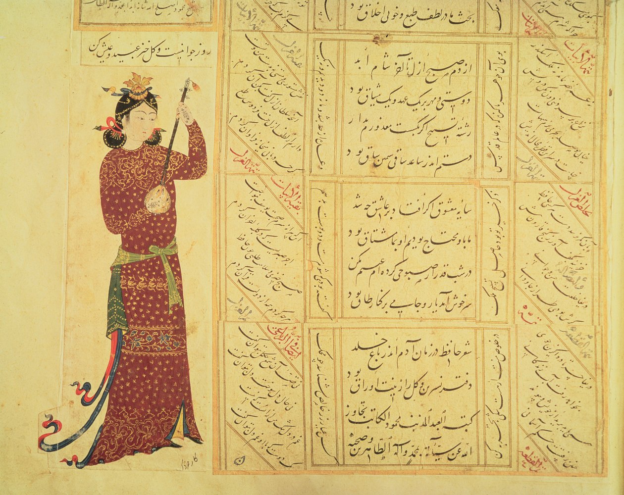 Kobieta grająca w rebab i kaligrafię (nieprzezroczysta toaleta na papierze) autorstwa Ottoman School