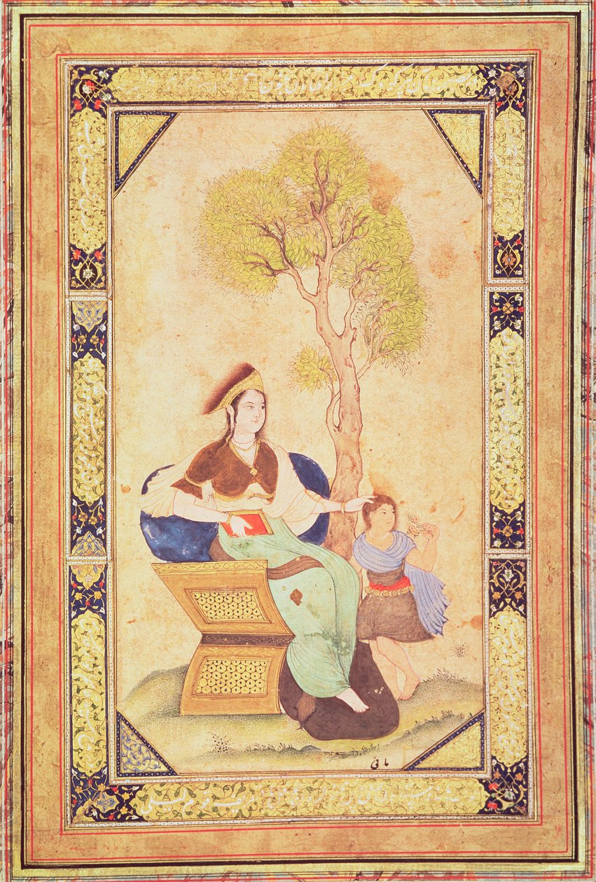 Kobieta siedząca z młodą dziewczyną w ogrodzie, z Album de piece calligraphie et de miniatures (miniatura) autorstwa Ottoman School