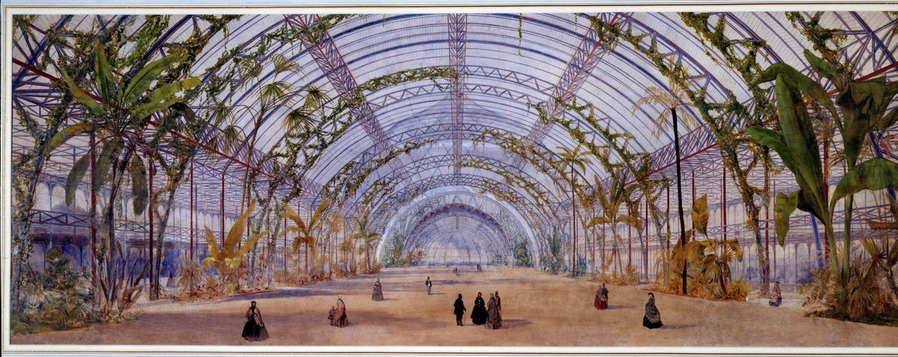 Architektura: projekt wnętrza kryształowego pałacu, który ma powstać w Saint Cloud pod Paryżem. Akwarela na ołówku, kredki Owena Jonesa (1809-1874) 1862 wym. 0,45 x 1,20 m Paryż, musee d