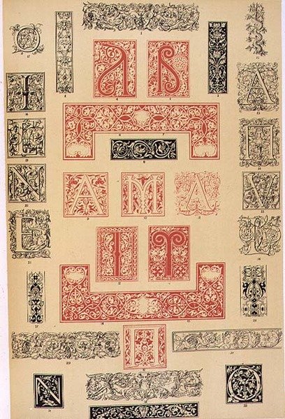 Okazy zdobień typograficznych z XVI w. Włoch i Francji, wydane przez Aldine, Giunta i Stephan, rozdział XIX, płyta XC, z „Gramatyki ornamentu” 1868 (kolor litho) autorstwa Owen Jones