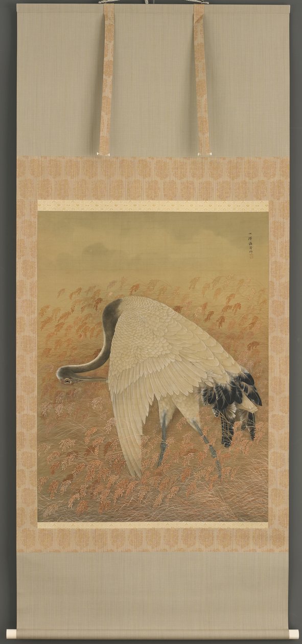 Żuraw, era Meiji, koniec XIX wieku (atrament i kolor na jedwabiu) autorstwa Ozawa Nankoku