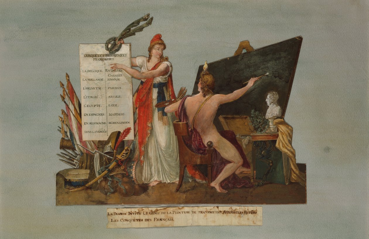 Francja zaprasza geniusza malarstwa do przekazania przyszłym pokoleniom historii francuskich podbojów i zwycięstw jej armii, ok. 1800 (gwasz) autorstwa P. A. and J.B. Lesueur