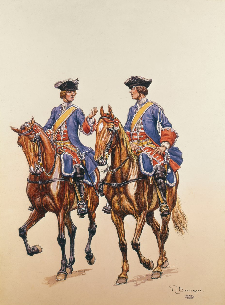 Zastępca sierżanta i łucznik policji konnej w lIle de France, ok. 1750 (wc na papierze) autorstwa P. Benigni