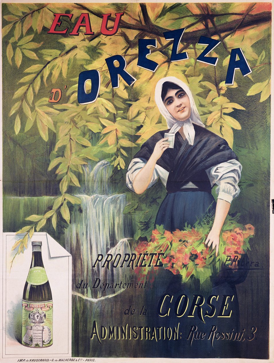 Plakat reklamujący Eau dOrezza, naturalna woda mineralna w kolorze lito autorstwa P. Ribera