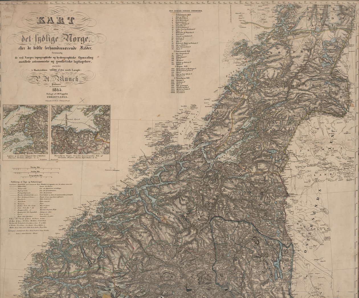 Mapa została opublikowana w Oslo (1845) i przedstawia południową Norwegię autorstwa P.A. Munch