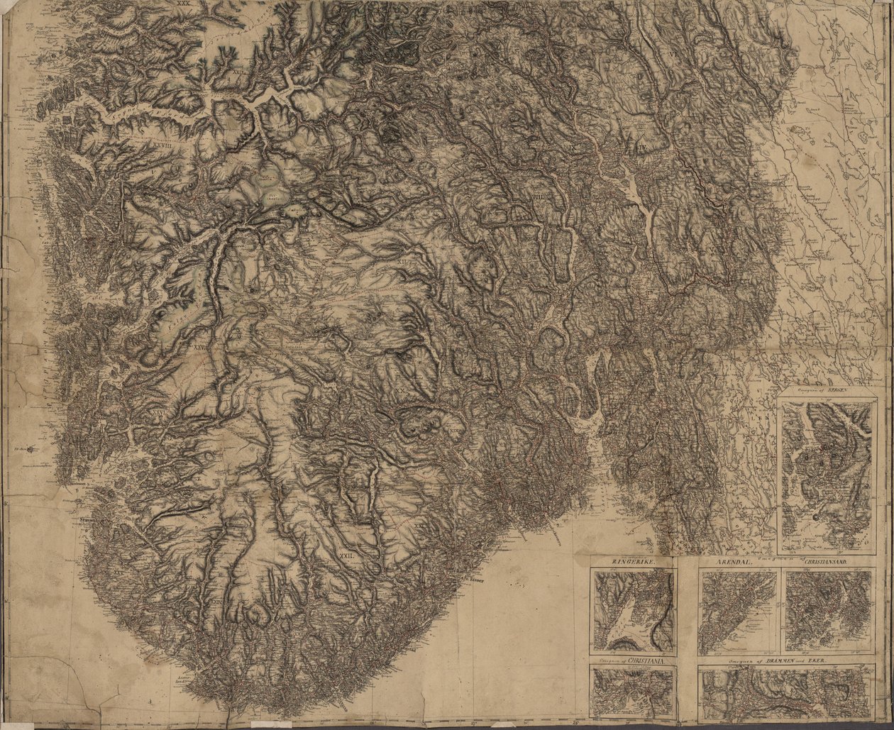 Ręcznie rysowana mapa południowej Norwegii autorstwa P.A. Munch
