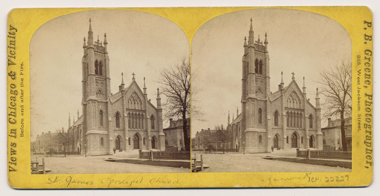 Stereografia kościoła episkopalnego św. Jakuba przed pożarem Chicago w 1871, 1871 (bw zdjęcie na uchwycie karty) autorstwa P.B. Greene