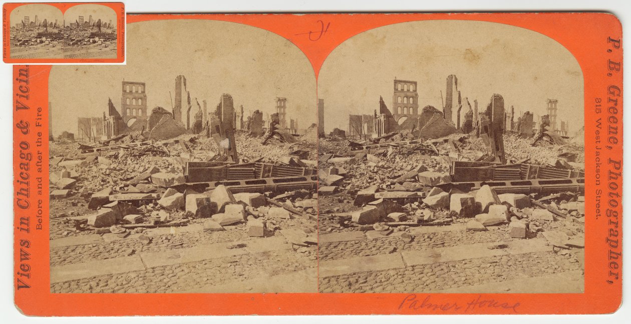Stereografia Palmer House po pożarze Chicago w 1871, 1871 (bw zdjęcie na uchwycie karty) autorstwa P.B. Greene
