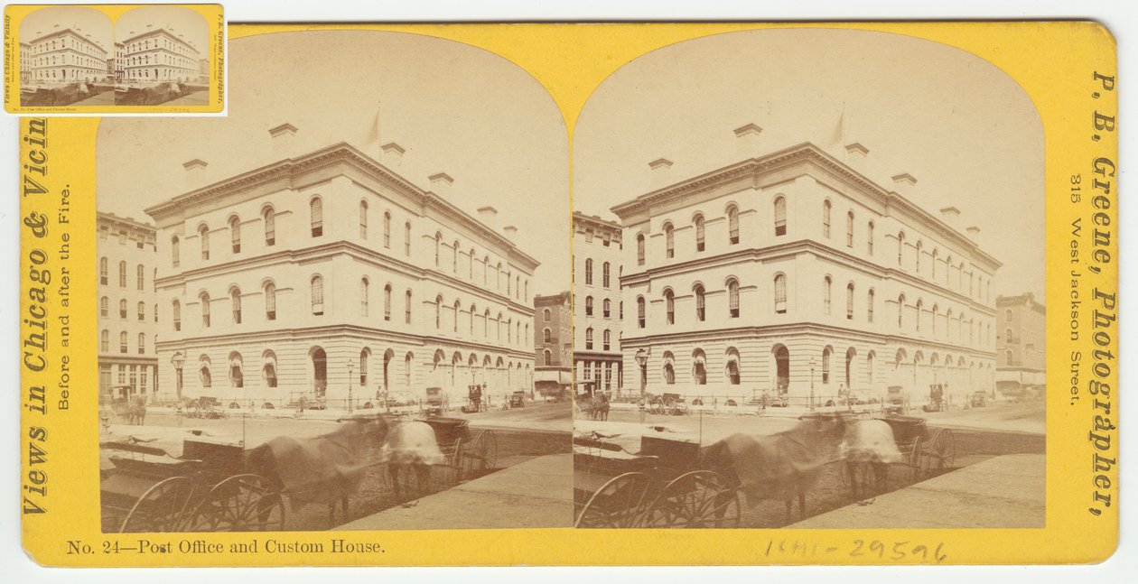 Stereogram Urzędu Pocztowego i Urzędu Celnego przed pożarem Chicago w 1871, 1871 (bw zdjęcie na uchwycie karty) autorstwa P.B. Greene