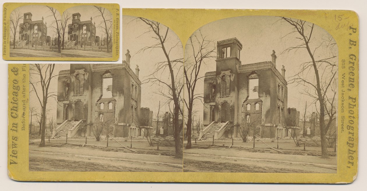 Stereografia Rumsey House po pożarze Chicago 1871, 1871 (bw zdjęcie na uchwycie karty) autorstwa P.B. Greene