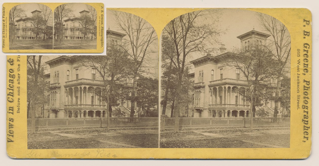 Stereografia Rumsey House przed pożarem Chicago w 1871, 1871 (bw zdjęcie na uchwycie karty) autorstwa P.B. Greene