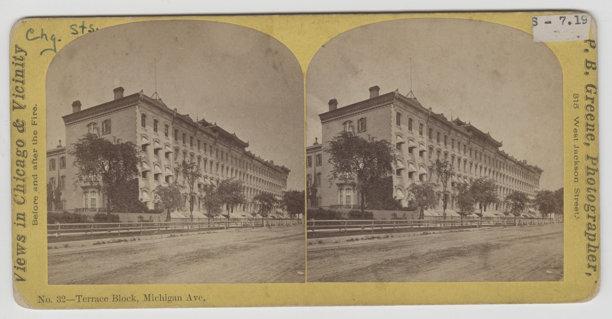 Widok stereogramu Terrace Block na Michigan Avenue przed pożarem Chicago w 1871 r autorstwa P.B. Greene
