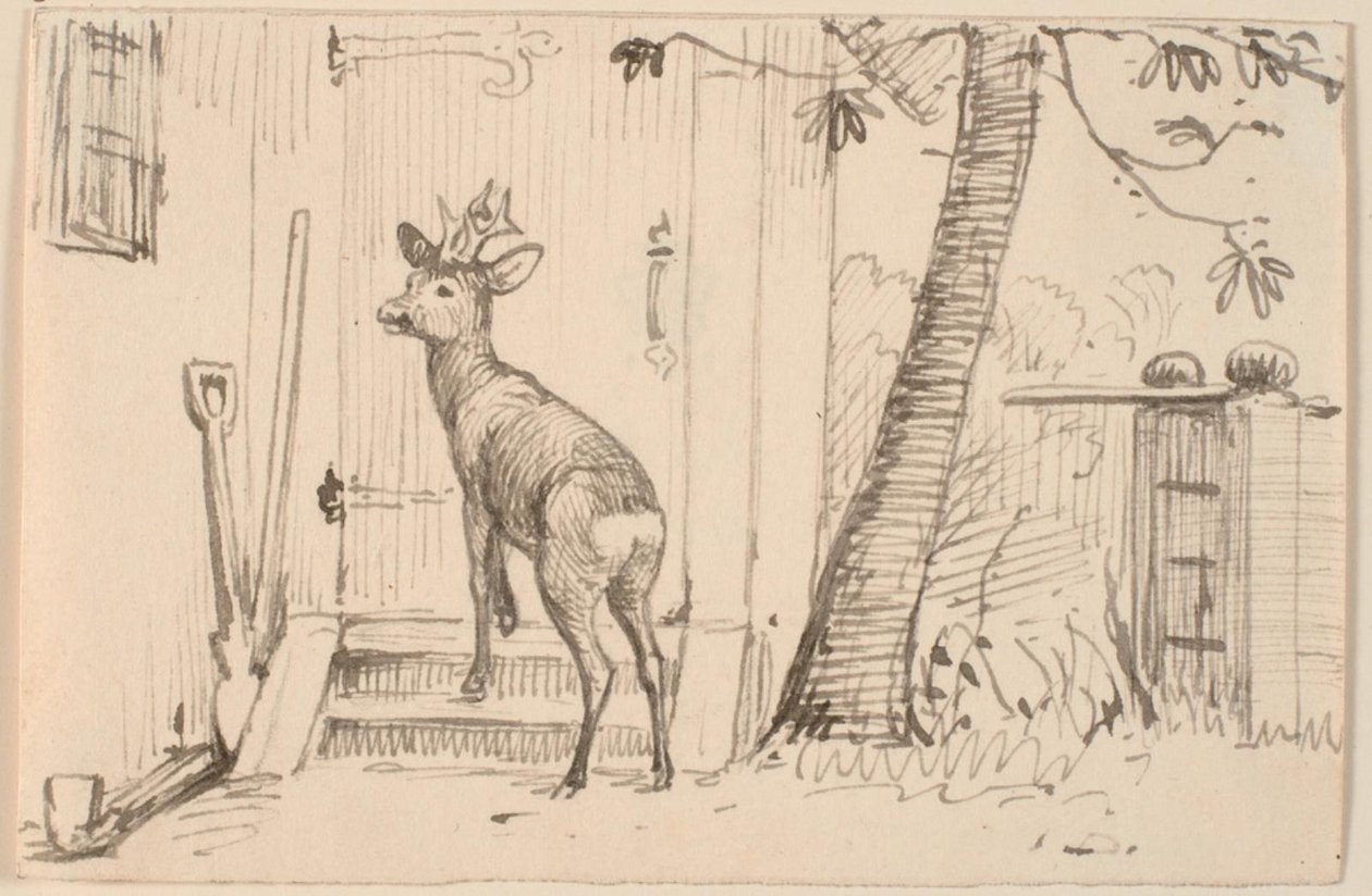 Jeleń przed drzwiami autorstwa P.C. Skovgaard