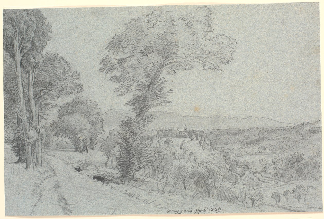 Włoski krajobraz górski z widokiem na "Genazzano 9 Juli 1869.". autorstwa P.C. Skovgaard