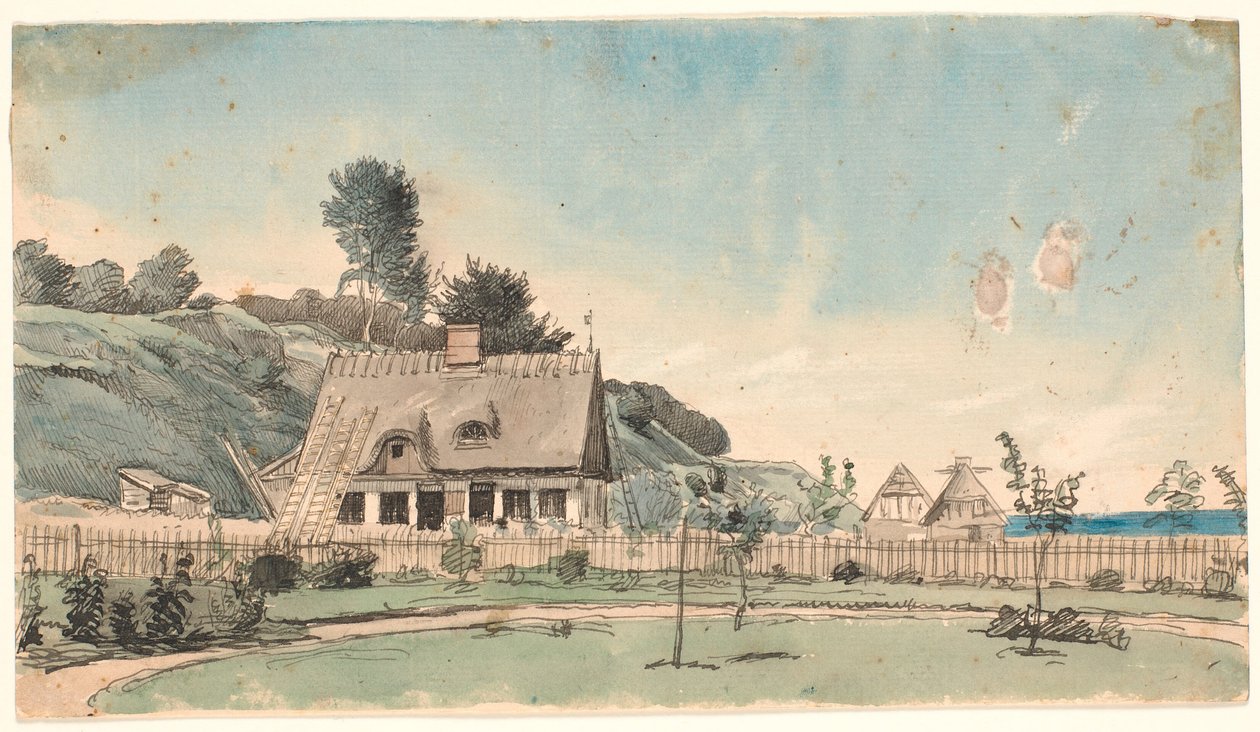 Przybrzeżny krajobraz z domami krytymi strzechą. autorstwa P.C. Skovgaard