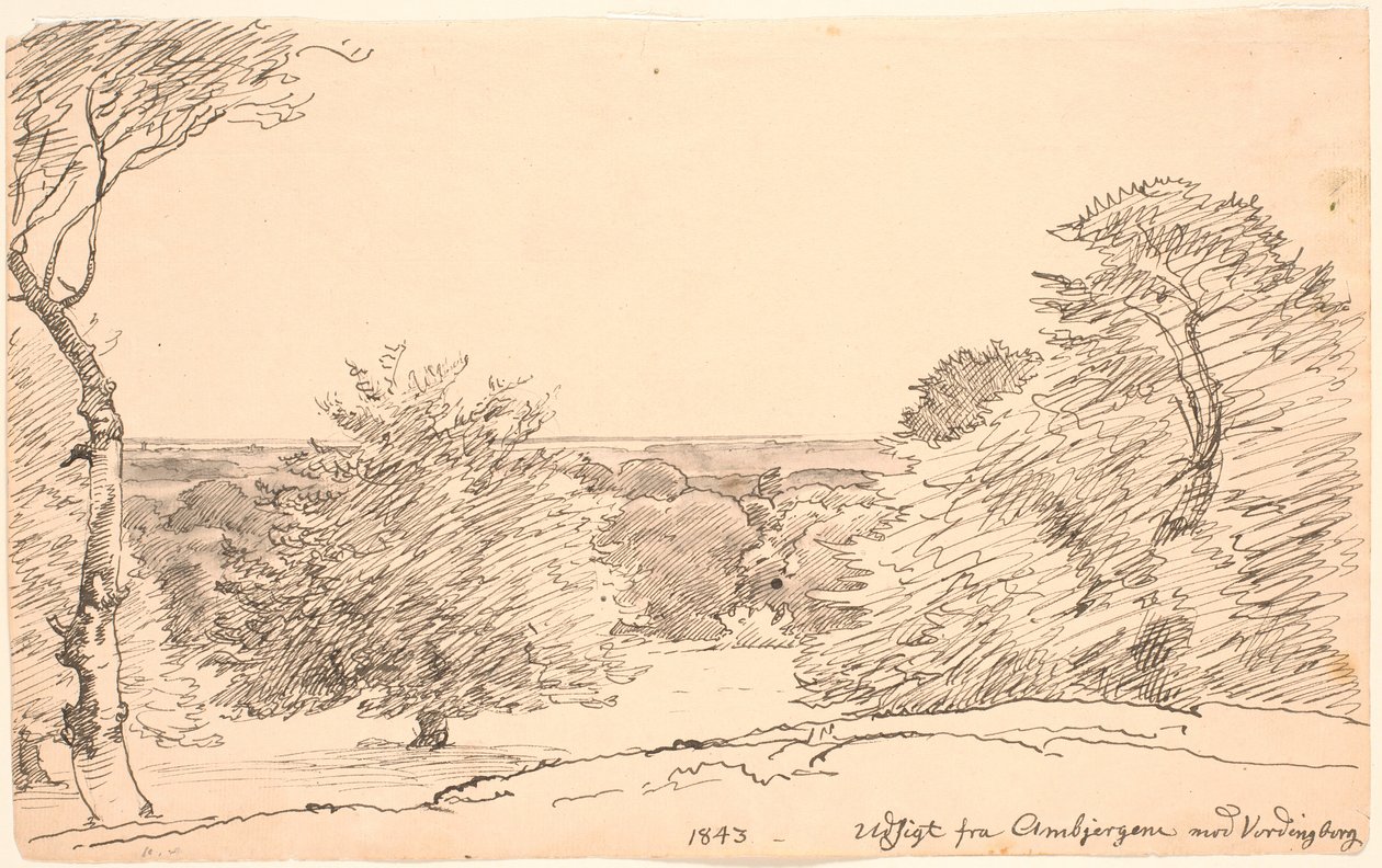 Krajobraz z drzewami i szeroki widok z Ambjergene w kierunku Vordingborg. autorstwa P.C. Skovgaard
