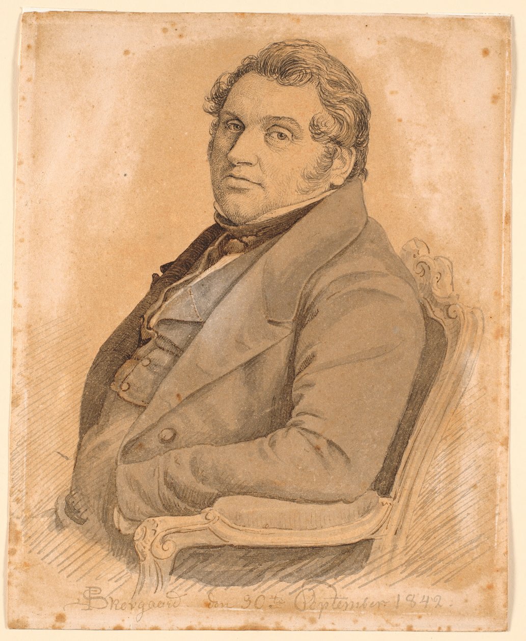 Portret siedzącego, korpulentnego mężczyzny w połowie długości, profil w trzech czwartych po lewej stronie autorstwa P.C. Skovgaard