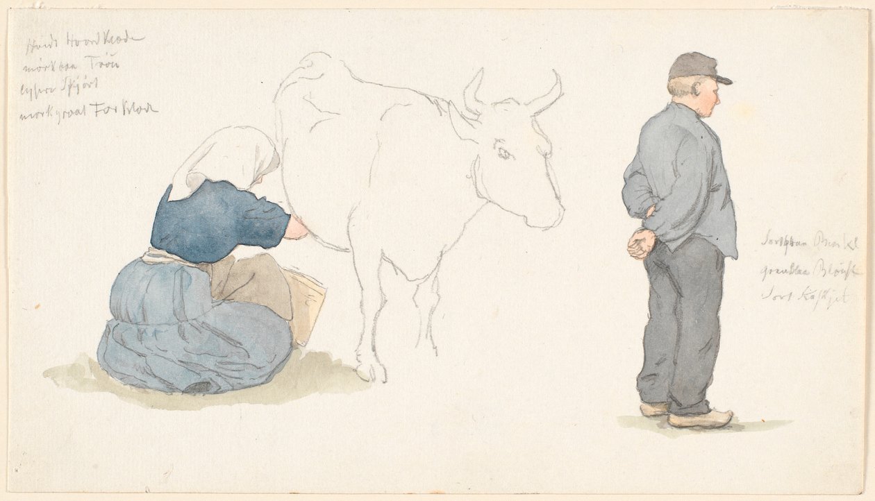 Czasopismo Study z dziewczyną dojącą krowę, c.h. stojący rolnik. autorstwa P.C. Skovgaard