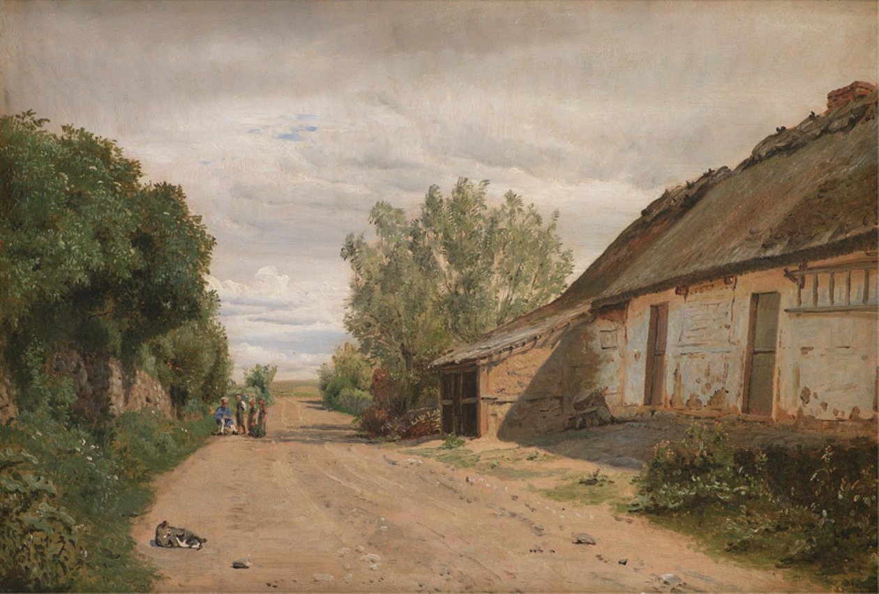 Przedmieścia wsi Vejby. Przy drodze malarz J.Th. Pożegnalne szkicowanie autorstwa P.C. Skovgaard