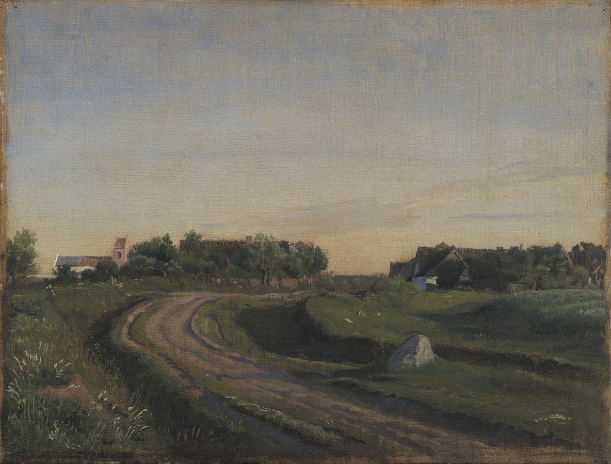 Vejby z kościołem widziane od północy. Wieczorne światło. Zelandia autorstwa P.C. Skovgaard