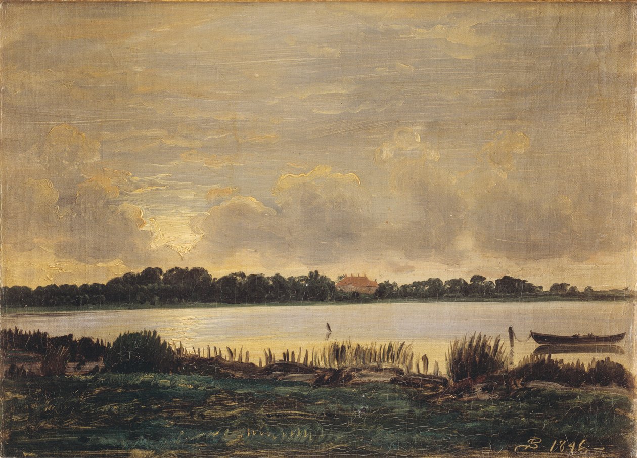 Widok przez Fiord Præstø w kierunku dworu Nysø autorstwa P.C. Skovgaard