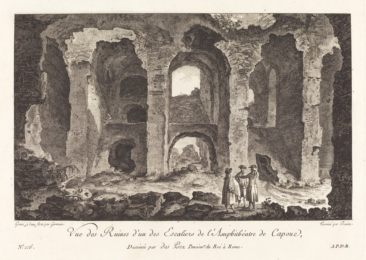 Widok na ruiny z jednego ze schodów amfiteatru Capua autorstwa P.F. Germain after Louis Jean Desprez