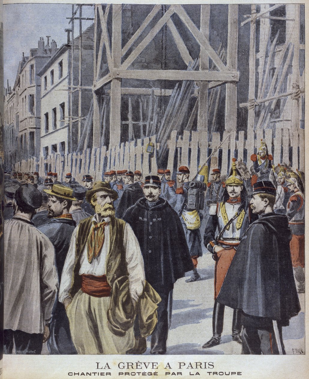 Strajk w Paryżu, plac budowy chroniony przez wojsko, ilustracja z "Le Petit Journal" Supplement illustre, 23 października 1898 r., grafika Henri Meyer (1844-91) autorstwa P.H.G.V. Michel