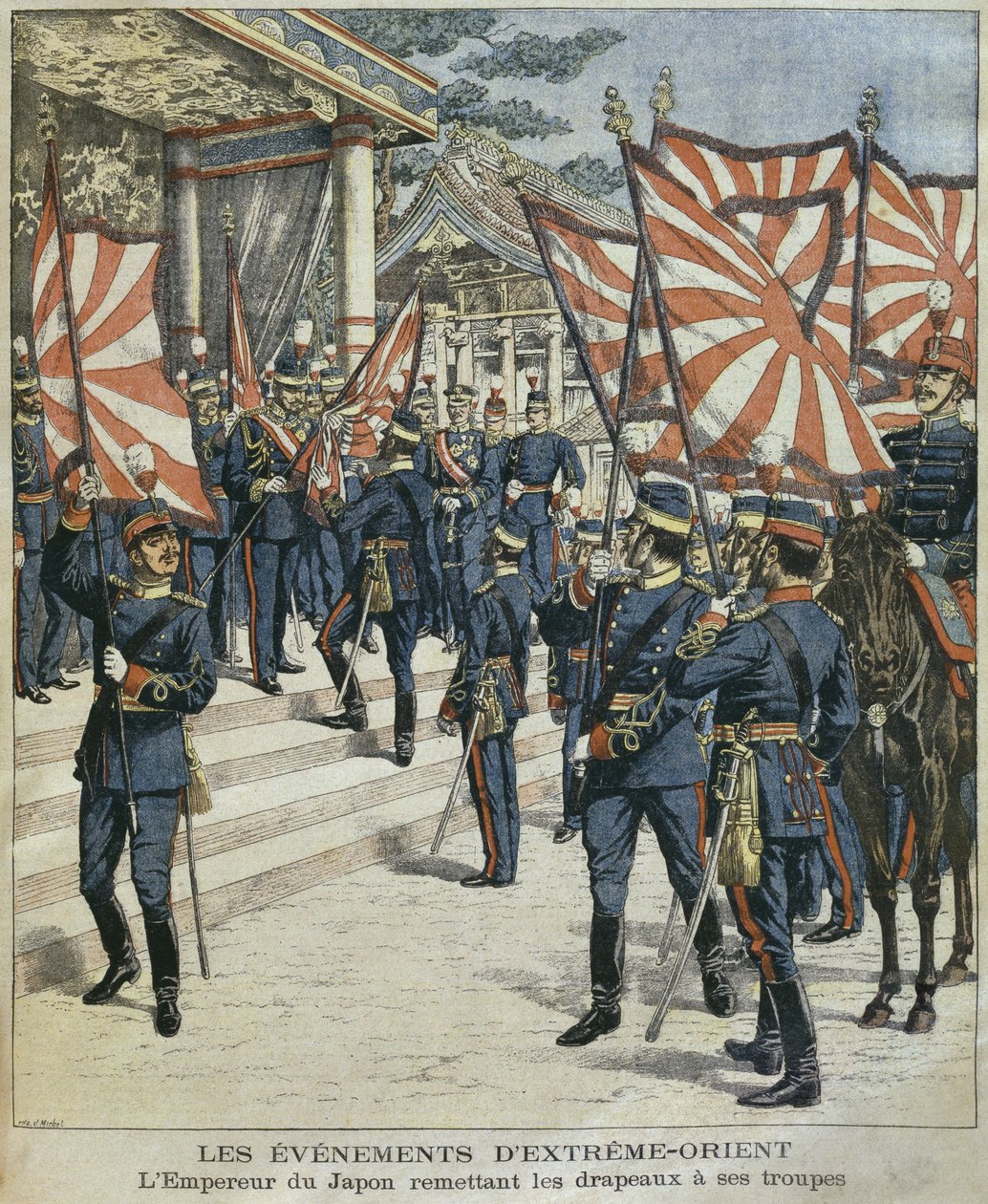 Jego Cesarska Mość Mutsuhito, Cesarz Japonii, wręcza flagi swoim wojskom, ilustracja z „Le Petit Journal: Supplement illustre”, 6 marca 1904 autorstwa P.H.G.V. Michel