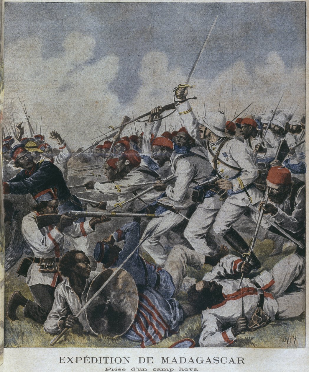 Ekspedycja na Madagaskar, zdjęcie obozu hovy, ilustracja z  autorstwa P.H.G.V. Michel