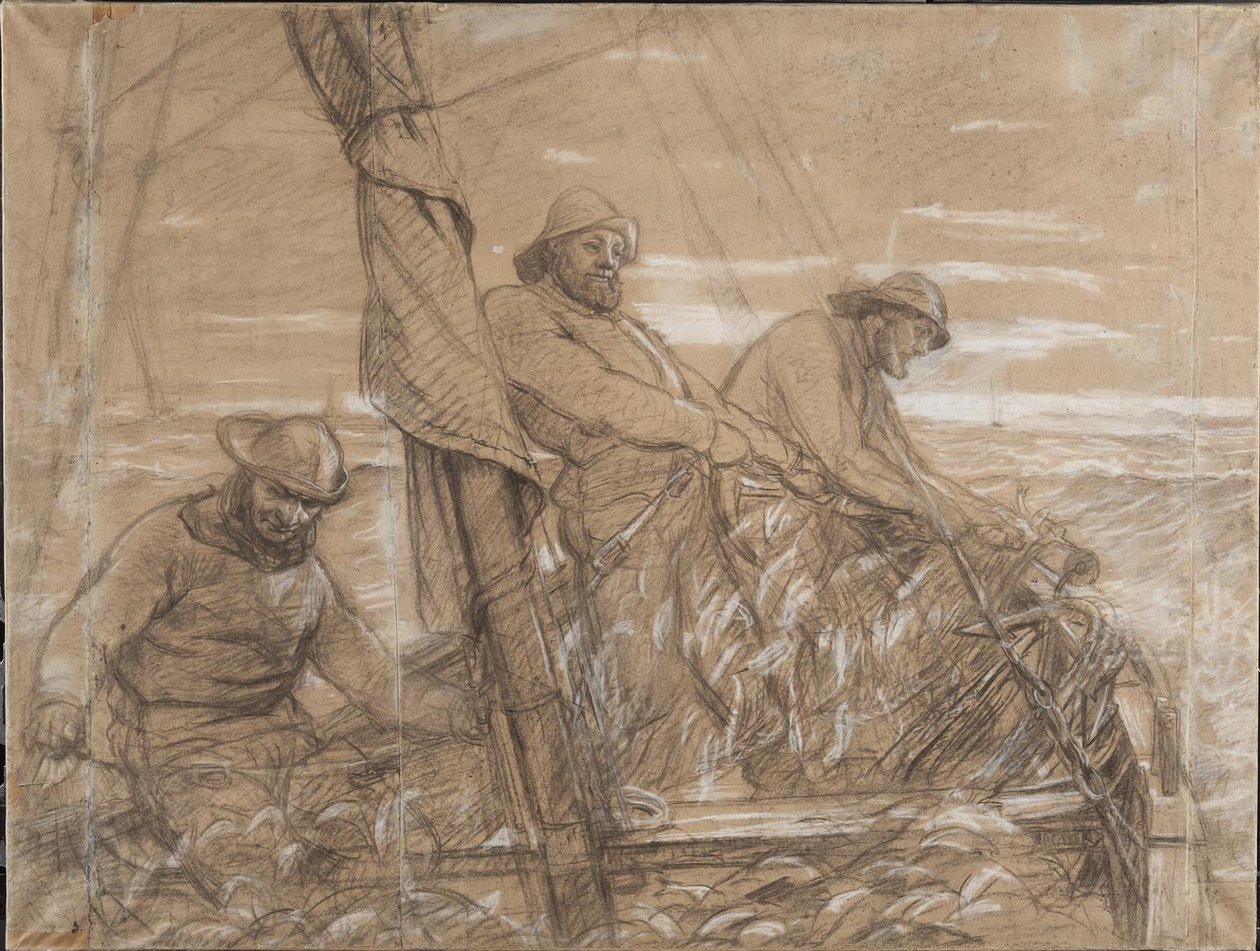 Rybacy z Hornbæk łowiący śledzie. Wczesny poranek autorstwa Peder Severin Krøyer