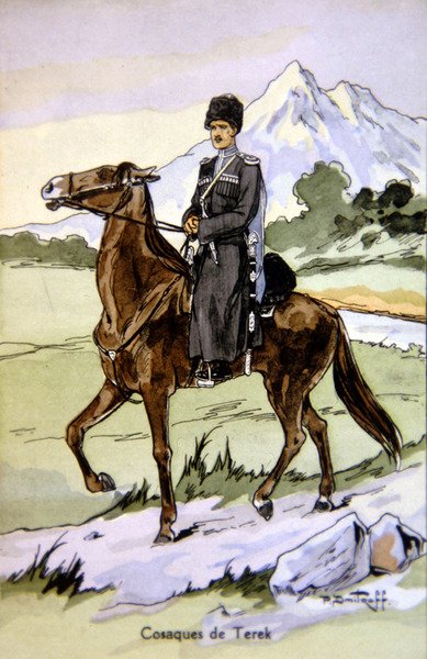 Pocztówka przedstawiająca kozaka tereckiego, ok. 1914 r. (litografia barwna) autorstwa P. (after) Dmitroff