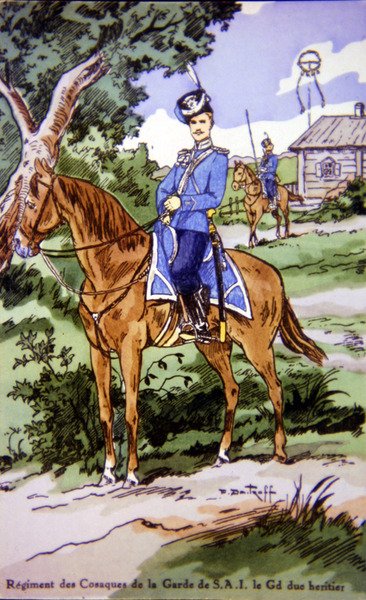 Pocztówka przedstawiająca jeźdźca z Regiment des Cossacks de la Garde de SAI autorstwa P. (after) Dmitroff