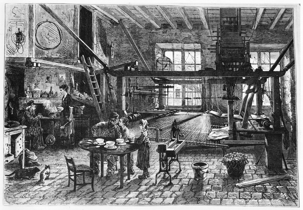Warsztat tkacki w Lyonie, ilustracja z „Le Monde Illustre”, 1878 autorstwa P. Ferat